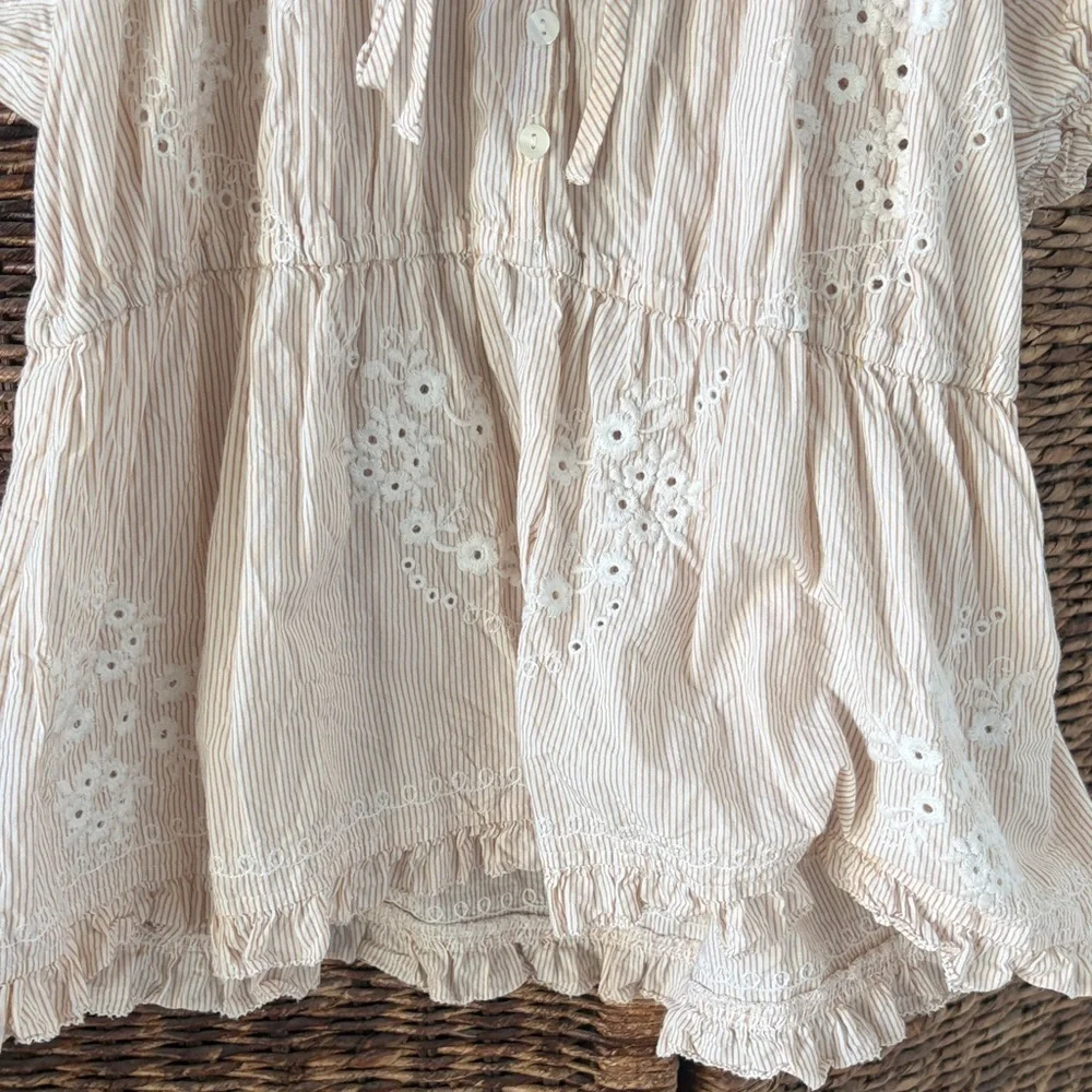 New Anthropologie Blush Eyelet Peasant Blouse with Tie Neck